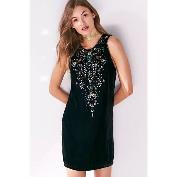 Urban Outfitters Dress Ecote Black Velvet Beaded Art Deco Retro Whimsigoth Shift - Picture 2 of 15